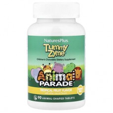 NaturesPlus, Source of Life, Animal Parade, Tummy Zyme з активними ферментами, цільними продуктами та пробіотиками, натуральний смак тропічних фруктів, 90 таблеток в формі тварин